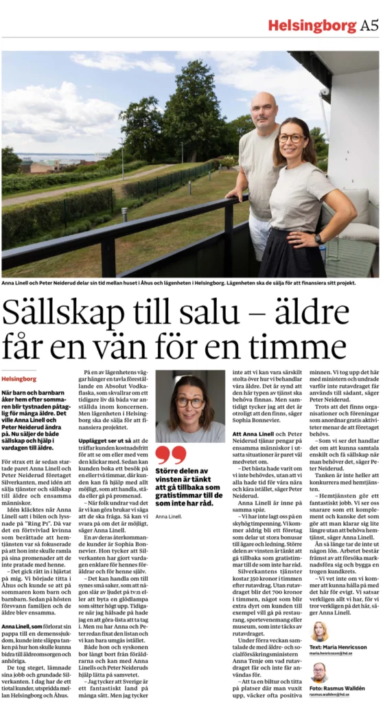 Reportage i Helsingborgs Dagblad med grundarna av Silverkanten som ger äldre praktisk hjälp och sällskap
